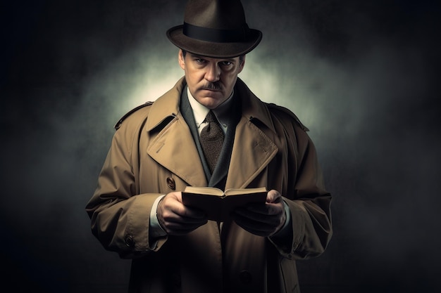 Foto mystery unveiled detective in trench coat con un quaderno d'epoca