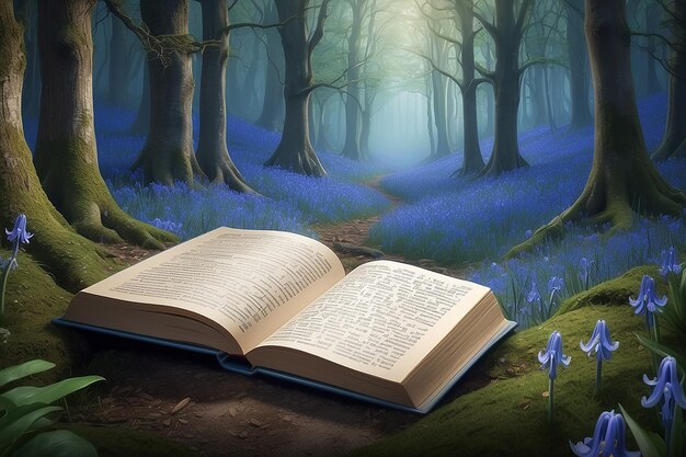 Foto mystic bluebell forest betoverend fantasy verhaal omslag