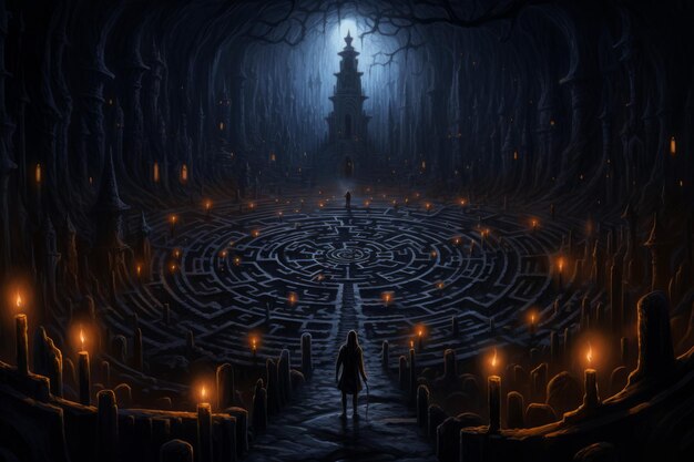 Photo mystic crystal labyrinths in fantasy generative ai