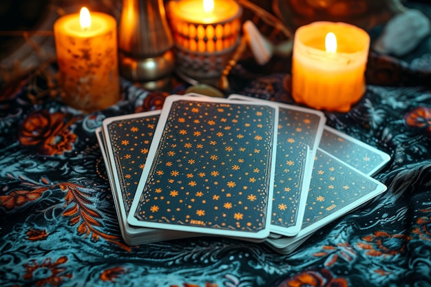 Photo mystic divination tarot reading setup with cards and candlelight ambiance