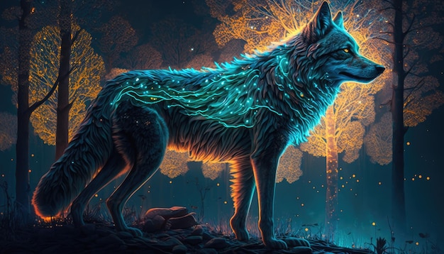 Photo mystic fluorescent fantasy the magical wolf generative ai