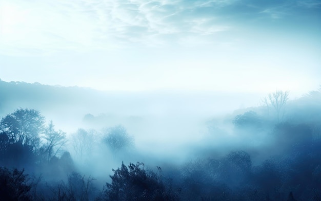Мистический туманный пейзаж с деревьями, видом на горы и долины.