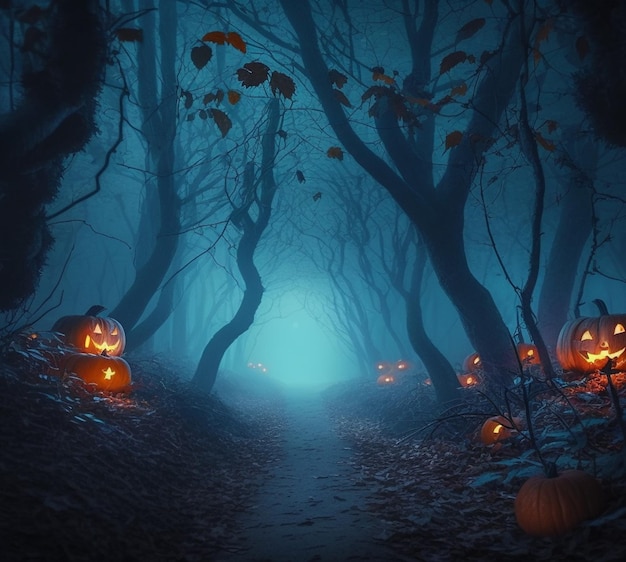Mystic Forest with Halloween Pumpkins Generative AI