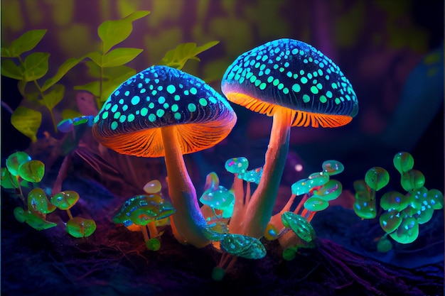 Mystic gevlekte fluorescerende paddenstoelen die generatieve AI kweken