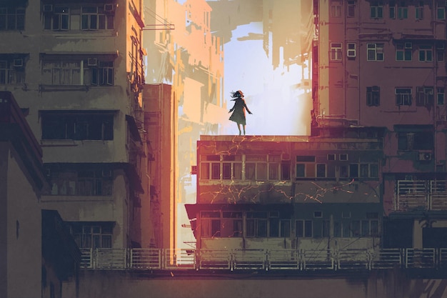 the mystic girl stands on a rooftop of an old building with digital art style, illustration painting