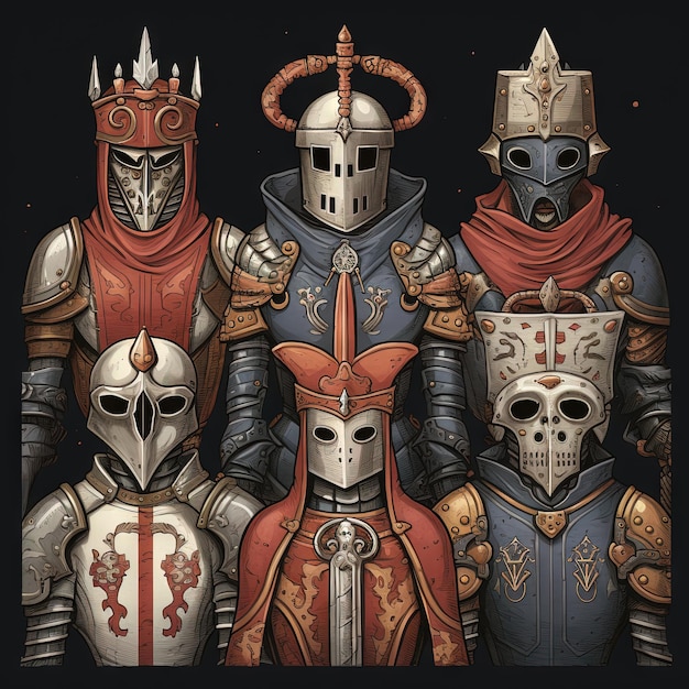 Мистические портреты рыцарей в металлических доспехах Оккультные страшные рыцари в стиле средневекового алхимического искусства