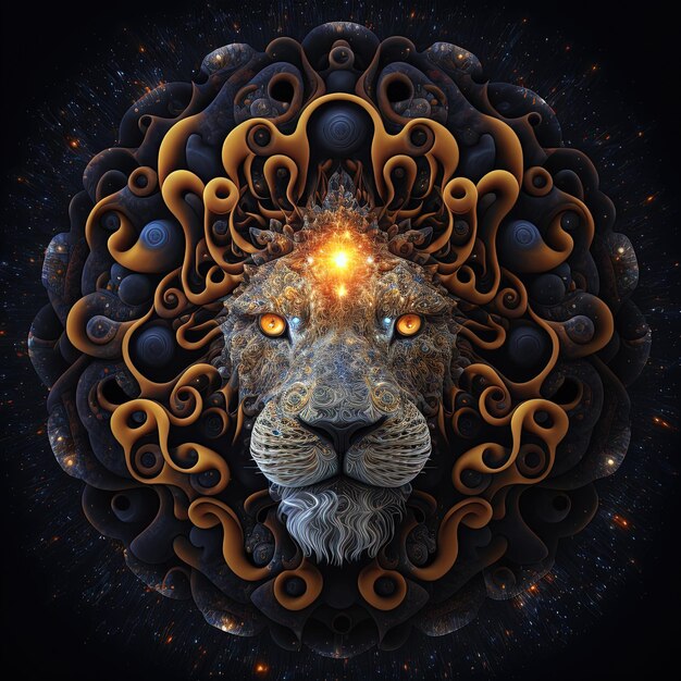 Mystic lion face with magnificent and beautiful shapes and patterns. AI digital illustration