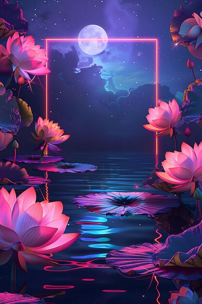 Mystic Moonlit Lake Arcane Frame With a Serene Lake and Floa Neon Color Background Art Collection