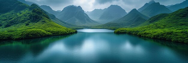 Мистическое горное озеро среди пышной зелени.