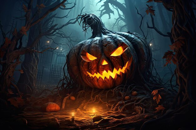 Mystic night pumpkin in spooky forest