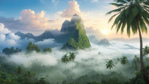 Mystic Peak Jungle Enigma Amidst Towering Palms and Peaks
