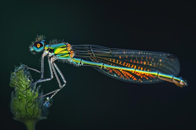 Photo mystic portrait of damselfly beside view