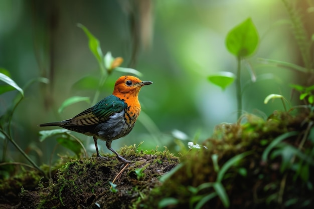 Photo mystic portrait of orange headed ground thrushes standing on small root in studio