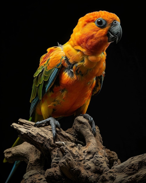 Mystic portrait of Sun Conure standing in studio Isolated in dark background