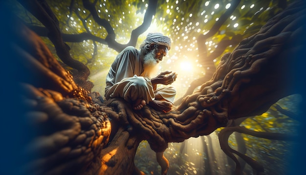 Mystic Sage Sufi Mystic Meditatie op een boom met futuristische elementen