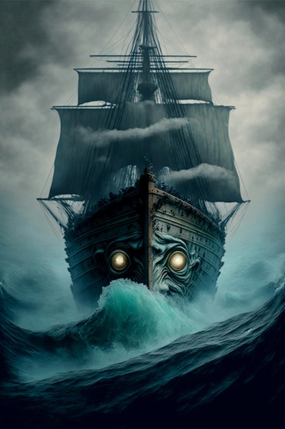 Мистический корабль в океане Корабль-призрак в море Величественный корабль с древним дизайном в бесконечной воде