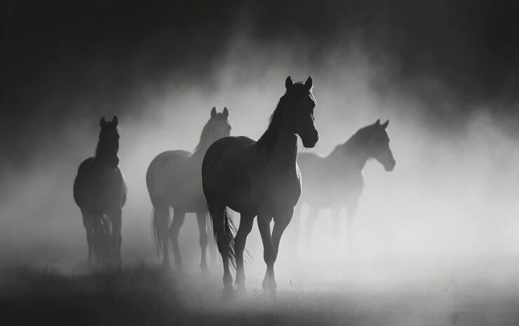 Photo mystic silhouettes horses shrouded in mist