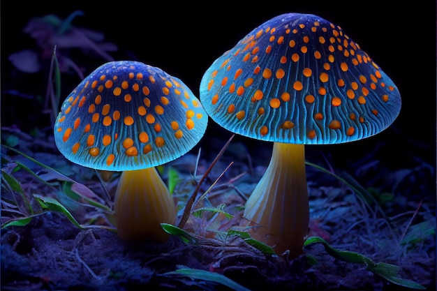 Funghi fluorescenti maculati mistici che crescono ia generativa