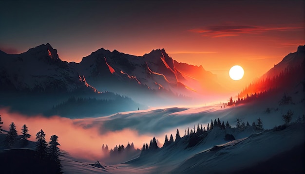 Мистический рассвет с клубящимся туманом в горах с технологией генеративного искусственного интеллекта