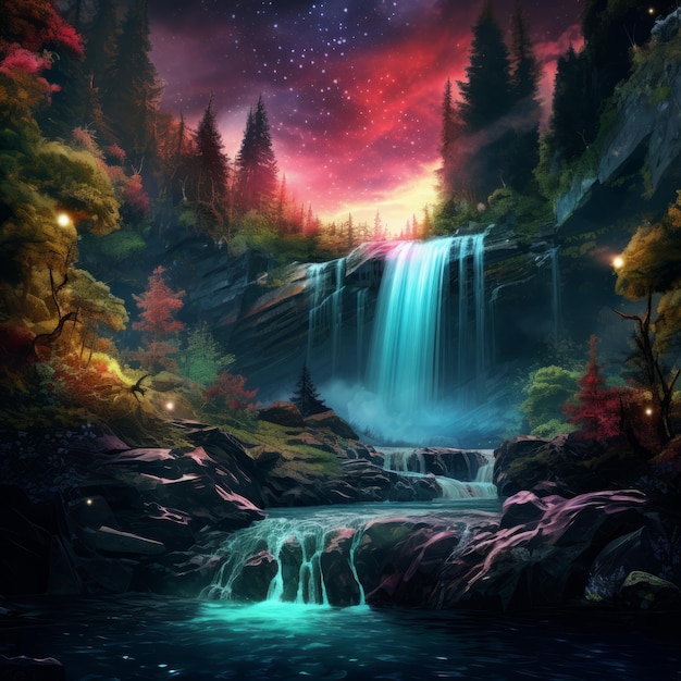 A Mystic Symphony A Photorealistic Waterfall Dance in a Forest Enlivened by the Northern Lights