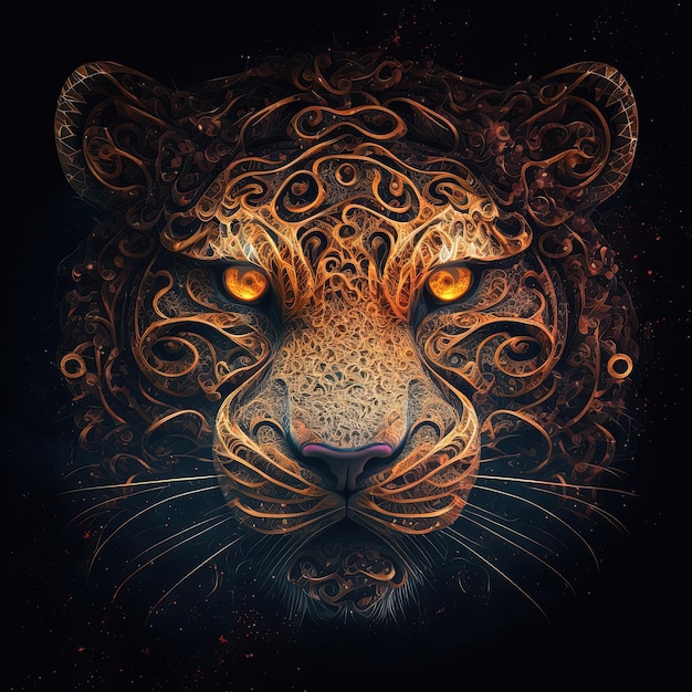 Mystic tiger face with amazing shapes and frightening look. Generative AI