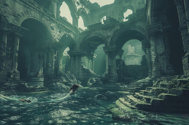 Photo mystic underwater city with mermaids swimming amon