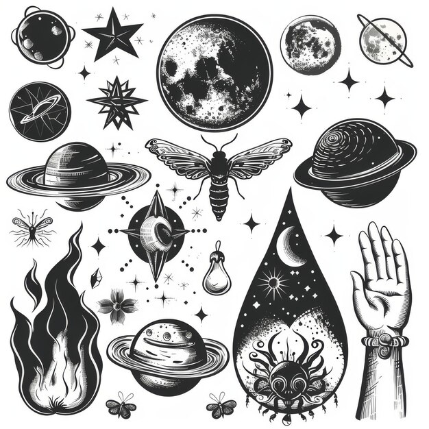 Photo mystic witch elements magic doodles galaxy sign space sticker horoscope symbol magic ball moth planet hand modern concept