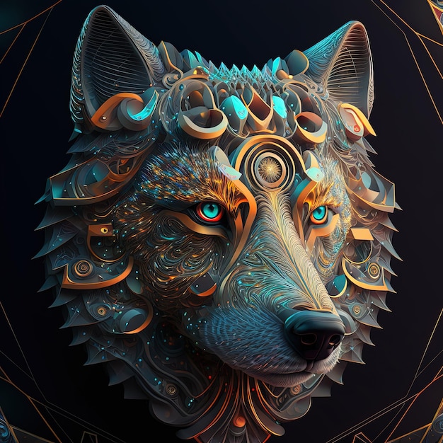 Мистическое лицо волка с великолепными и красивыми формами и узорами. Цифровая иллюстрация ИИ