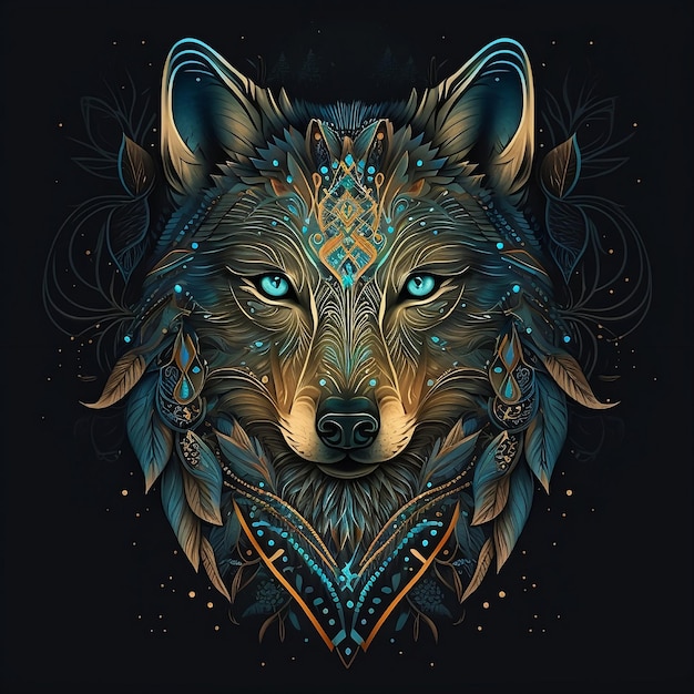 mystic wolf face with magnificent shapes and patterns