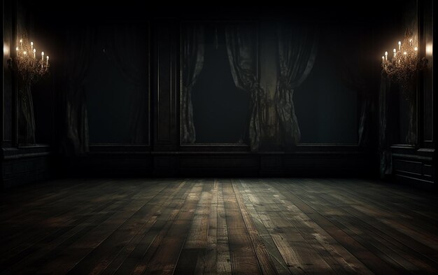 神秘的な木の雰囲気の暗い部屋、木の床