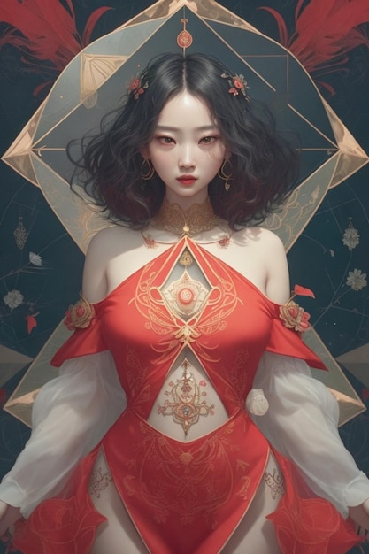 Мистическая привлекательность яркие глаза корейской волшебницы в красном платье