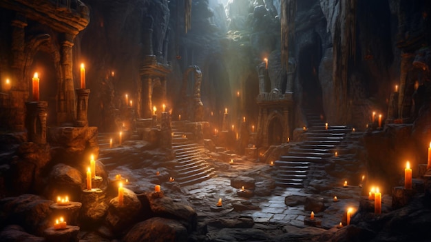 Mystical Ambiance Illuminated Stone Steps in a Dark Cave Generative AI