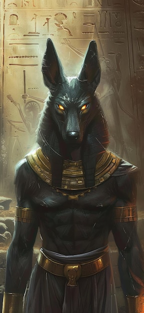 Mystical Anubis Statue with Glowing Eyes Amidst Ethereal Smoke and Golden Light a Symbol of Protection and Justice in Ancient Egyptian Mythology