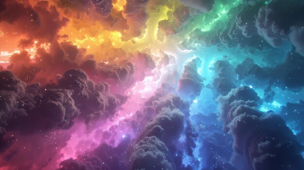 Foto atmosfera mistica illuminata da un arcobaleno di colori fantastici