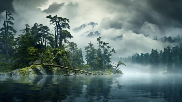 Мистический атолл туманное утро с лиственниками в воде