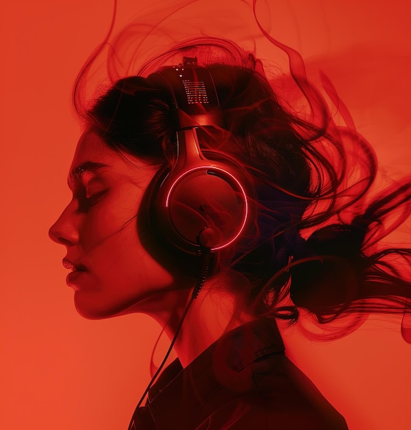 Mystical aura a person immersed in a glowing red glow of particles wearing headphones and capturing the essence of mysterious energy and passion