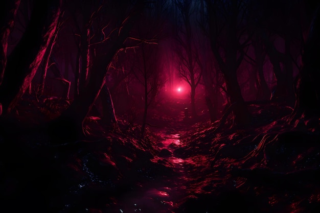 Mystical Aura Red Light Beckons in Dark Forest