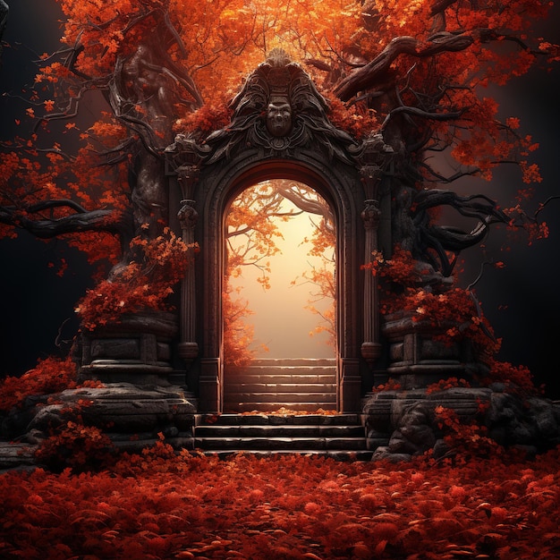 Mystical autumn forest archway with fallen red leaves