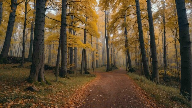 Mystical autumn forest pathway in haze