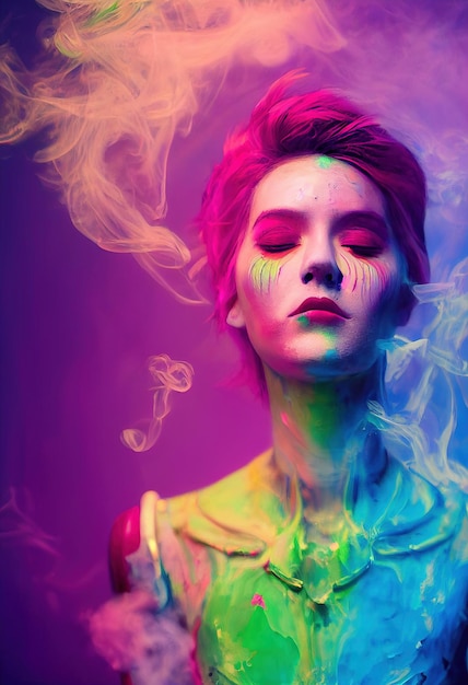 Mystical beautiful fictional fantasy woman against a background of smoke woman with red hair