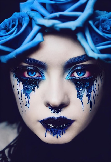 Mystical beautiful fictional Gothic woman in blue paint Blue paint on a woman's face 3D rendering