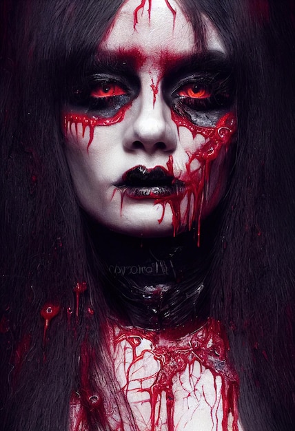 Mystical beautiful fictional gothic woman covered in blood red\
paint on the woman\'s face