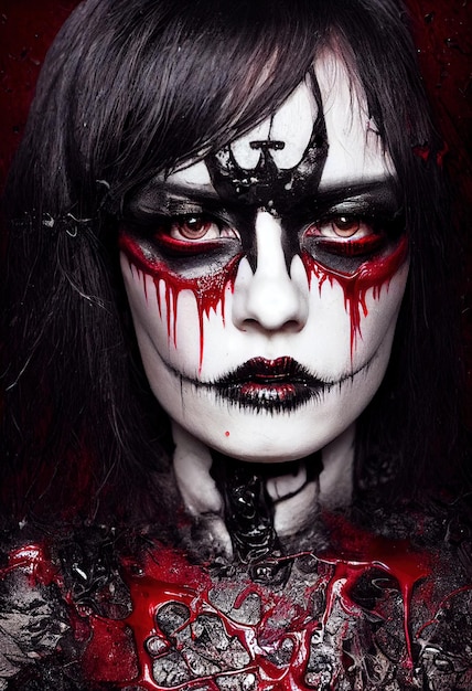 Mystical beautiful fictional gothic woman covered in blood red\
paint on the woman\'s face