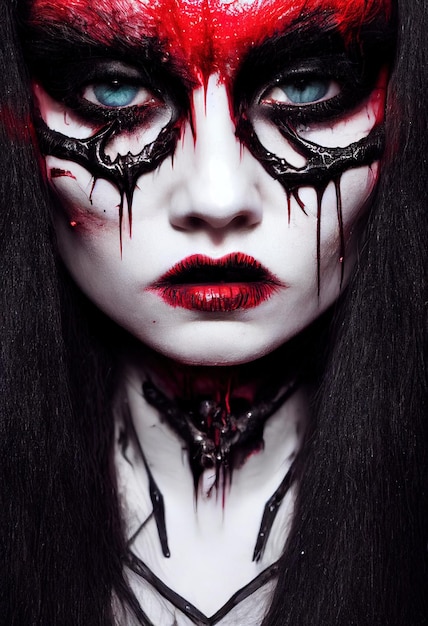 Mystical beautiful fictional gothic woman covered in blood red
paint on the woman's face