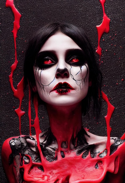 Mystical beautiful fictional gothic woman covered in blood red
paint on the woman's face