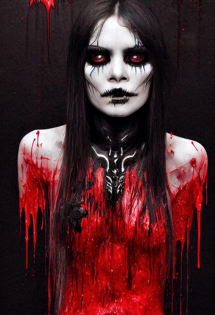 Mystical beautiful fictional gothic woman covered in blood red
paint on the woman's face