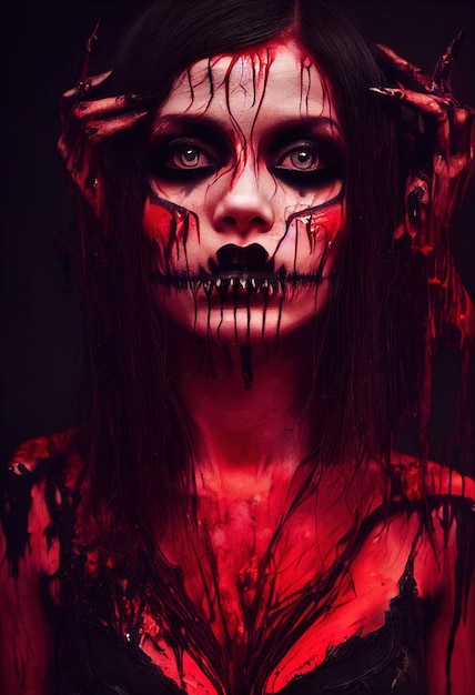 Mystical beautiful fictional gothic woman covered in blood red
paint on the woman's face