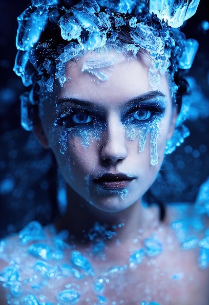 Mystical beautiful fictional Gothic woman in icy water Pieces of ice around the woman 3D rendering