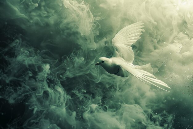夢のようなモノクロの設定で 奇妙な煙の雲を通って優雅に滑る神秘的な鳥