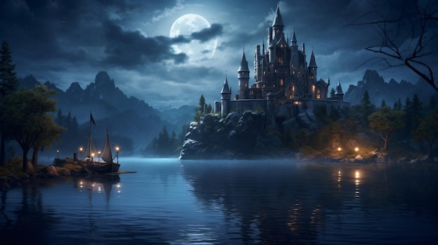 The mystical castle island on the lake at moonlight